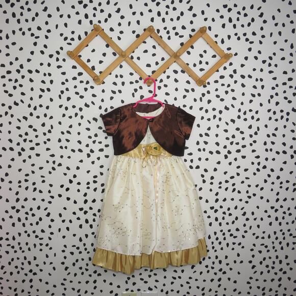 Kiki Cream and Gold Holiday Special Occasion Toddler Dress with Brown Shrug - Picture 1 of 8